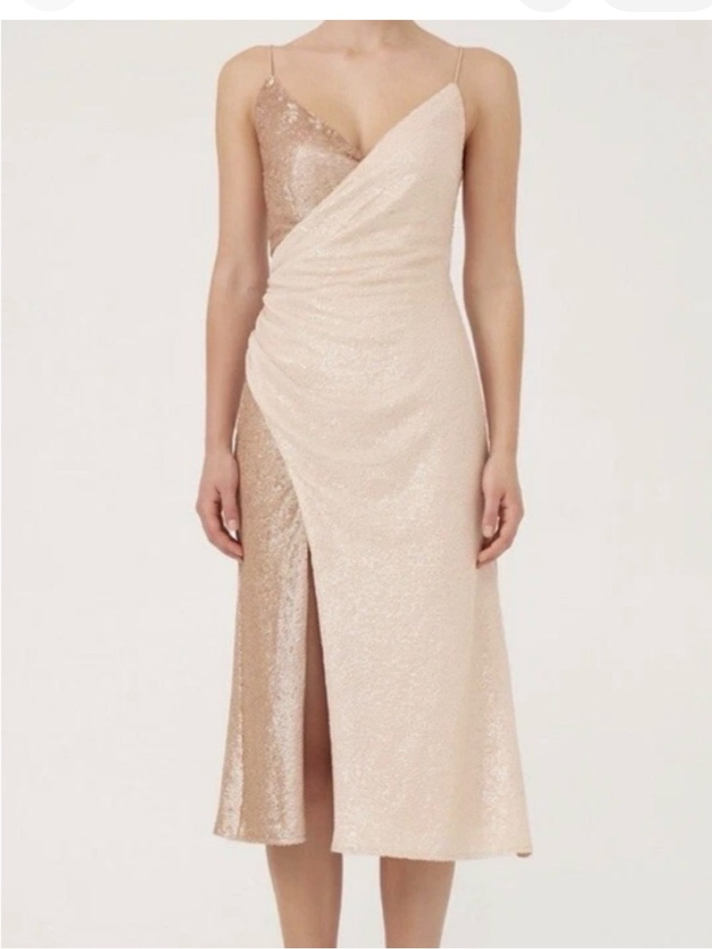 KEEPSAKE the Label Anjelica rose gold pink champagne faux Wrap Midi Dress 4 NWT